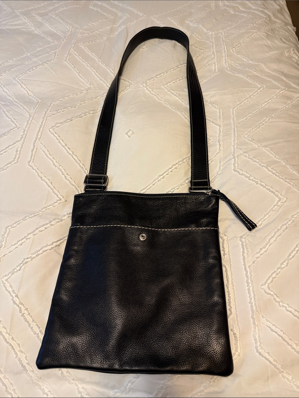 Roots Black Leather Crossbody Bag with Contrast Stitching
